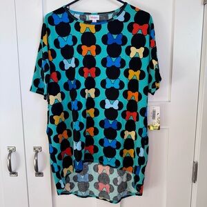 NWT LuLaRoe Irma Disney Minnie Mouse Tunic Top Women’s Size XS Hi Low Hem Bows